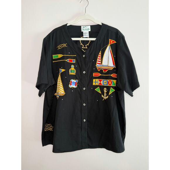 VTG 90s Women Quacker Factory Black Nautical Sailing Short Sleeve Button Plus 2X - Picture 1 of 6